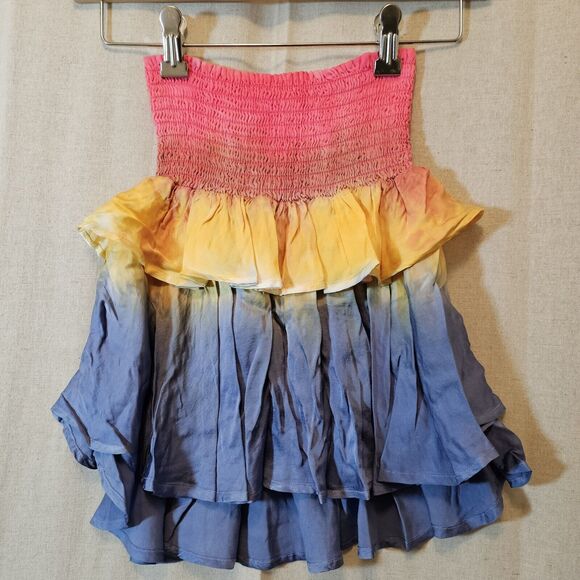 Chaser Tops - Chaser Smocked Tube Top With Tiered Ruffle Tie Dye Red Yellow Blue Rainbow XS